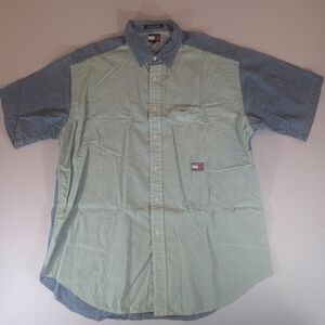 Tommy Hilfiger Men's Green and Blue Striped Shirt